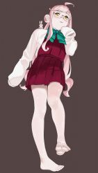 Rule 34 | 1girl, absurdres, barefoot, blue-framed eyewear, bow, bowtie, rabbit on shoulder, double bun, dress, feet, foot focus, from below, full body, glasses, grey background, hair bun, halterneck, highres, kantai collection, long hair, long sleeves, looking at viewer, makigumo (kancolle), no legwear, ojipon, pink hair, purple dress, school uniform, shirt, sleeves past fingers, sleeves past wrists, soles, solo, standing, symbol-only commentary, toes, twintails, white shirt