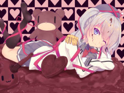 Rule 34 | 10s, 1girl, black socks, blue eyes, chocolate, closed mouth, crossed arms, female focus, grey hair, heart, kantai collection, kashima (kancolle), long sleeves, looking at viewer, nakadadaichi, one eye closed, pleated skirt, skirt, smile, socks, solo, wink