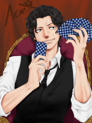 Rule 34 | 1boy, adam&#039;s apple, alternate costume, bad id, bad pixiv id, black eyes, black hair, card, card game, chair, character name, collared shirt, formal, freckles, hands up, highres, holding, holding card, looking to the side, male focus, necktie, one piece, otanagare, parted lips, portgas d. ace, shirt, short hair, sitting, sleeves rolled up, smile, smirk, solo, suit, upper body, vest, wavy hair, wing collar