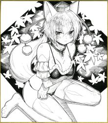 Rule 34 | 1girl, animal ears, bare shoulders, bikini, breast hold, breasts, cleavage, crossed arms, detached sleeves, graphite (medium), greyscale, hat, highres, inubashiri momiji, leaf, looking at viewer, mechanical pencil, medium breasts, millipen (medium), monochrome, oshake, pencil, pom pom (clothes), sitting, solo, swimsuit, tail, thighhighs, tokin hat, touhou, traditional media, wariza, wolf ears, wolf tail