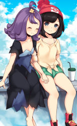 Rule 34 | 2girls, :3, acerola (pokemon), barefoot, beanie, black hair, blue eyes, blush, closed eyes, creatures (company), crossed ankles, day, dress, drink, flipped hair, flower, game freak, green shorts, hat, highres, holding hands, long hair, lun (fatalism2018), multiple girls, nintendo, outdoors, pokemon, pokemon sm, purple hair, red flower, red hat, selene (pokemon), shirt, shoes, short hair, short shorts, short sleeves, shorts, sitting, sky, smile, sneakers, swept bangs, t-shirt, tied shirt, topknot, torn clothes, torn dress, yellow shirt, yuri