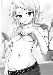 Rule 34 | 1girl, blush, breasts, clothes lift, clothes pull, greyscale, groin, looking at viewer, midriff, monochrome, navel, no bra, no panties, original, pants, pants pull, pulled by self, regdic, seductive smile, shirt lift, short hair, smile, solo, underboob
