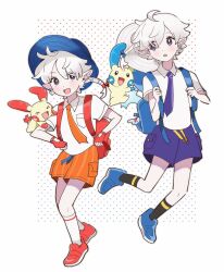 Rule 34 | 1boy, 1girl, aged down, ahoge, alisaie leveilleur, alphinaud leveilleur, backpack, bag, black socks, blue bag, blue eyes, blue footwear, blue headwear, blue necktie, blue shorts, blush, brother and sister, closed eyes, collared shirt, creatures (company), crossover, earrings, elezen, elf, final fantasy, final fantasy xiv, fingerless gloves, full body, game freak, gen 3 pokemon, gloves, hair between eyes, hair tie, hat, highres, hushl0v3, jewelry, looking at viewer, minun, necktie, nintendo, open mouth, orange necktie, orange shorts, parted lips, patterned background, plusle, pointy ears, pokemon, pokemon (creature), pokemon sv, red bag, red footwear, red gloves, shirt, short hair with long locks, short sleeves, shorts, siblings, single earring, smile, socks, striped clothes, striped shorts, sun hat, twins, unworn hat, unworn headwear, white background, white hair, white headwear, white shirt, white socks