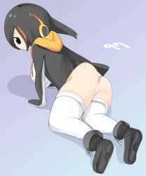 Rule 34 | 1girl, ass, bird tail, black footwear, black hair, black jacket, boots, brown eyes, closed mouth, commentary request, emperor penguin (kemono friends), expressionless, full body, gradient background, grey background, hair between eyes, hair over one eye, headphones, highres, jacket, kemono friends, lets0020, long bangs, looking at viewer, multicolored hair, numbered, on floor, one-piece swimsuit, orange hair, short hair, solo, streaked hair, swimsuit, tail, thighhighs, white one-piece swimsuit, white thighhighs