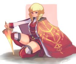 Rule 34 | 1girl, bike shorts, black thighhighs, blonde hair, boots, breasts, cape, drill hair, erika wagner, full body, glowing, glowing sword, glowing weapon, highres, looking at viewer, on one knee, pinepizza, planted, planted sword, planted weapon, red eyes, red footwear, red skirt, reverse grip, short sword, shorts, shorts under skirt, skirt, small breasts, solo, sword, thigh boots, thighhighs, thighhighs under boots, twin drills, twitter username, under night in-birth, under night in-birth exe:late[st], uniform, weapon