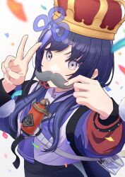 Rule 34 | 1girl, absurdres, bag, blush, chromatic aberration, commentary request, confetti, crown, fake facial hair, fake mustache, grey eyes, hair ornament, hands up, highres, long hair, looking at viewer, nijisanji, novi visual, ponto nei, purple hair, purple shirt, shirt, shoulder bag, simple background, solo, upper body, v, virtual youtuber, white background