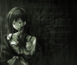 Rule 34 | 1girl, against wall, bare shoulders, bleeding, blood, breasts, dark, death, dying, empty eyes, ero guro, female focus, green theme, guro, highres, injury, innocent grey, japanese clothes, kimono, knife, long hair, monochrome, nipples, no bra, off shoulder, open clothes, open mouth, open shirt, outdoors, pianissimo (game), pp: pianissimo, public indecency, public nudity, rain, shirakawa ayane, shirt, solo, stab, sugina miki, tears, upper body, wet