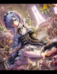 Rule 34 | 10s, 1girl, arch, ball, bird, black border, black ribbon, blue eyes, blue hair, border, breasts, cake, cake stand, chain, cleavage, closed mouth, cookie, couch, cross, cup, curtains, cushion, detached sleeves, drink, dutch angle, eyelashes, finger to mouth, floral print, flower, flower request, food, frilled sleeves, frills, fruit, hair ornament, hair over one eye, hairband, indoors, letterboxed, long sleeves, looking at viewer, macaron, maid, matching hair/eyes, medium breasts, oversized object, pantyhose, pastry, pillow, pink flower, pink lips, pink ribbon, pink rose, plant, plate, pocket watch, potted plant, purple flower, raspberry, re:zero kara hajimeru isekai seikatsu, rem (re:zero), ribbon, ribbon trim, rose, saucer, seamed legwear, short hair, side-seamed legwear, sitting, solo, table, tea, teacup, teapot, tiered tray, torino aqua, underbust, wall, watch, white pantyhose, wide sleeves, x hair ornament, yellow flower, yokozuwari