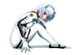 Rule 34 | 1girl, ayanami rei, blue hair, bodysuit, breasts, from side, hairpods, interface headset, multicolored bodysuit, multicolored clothes, neon genesis evangelion, pilot suit, plugsuit, red eyes, short hair, sitting, small breasts, solo, syica, white background, white bodysuit