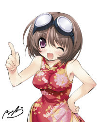 Rule 34 | 00s, blush, brown hair, china dress, chinese clothes, dress, goggles, hand on own hip, hip focus, one eye closed, open mouth, purple eyes, rinrin (sister princess), short hair, sister princess, solo, sorimura youji, wink