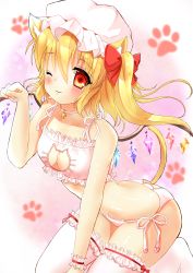 Rule 34 | 1girl, ;3, alternate costume, animal ears, ass cutout, bell, blonde hair, blurry, blush, bow, cat cutout, cat ear panties, cat ears, cat lingerie, cat tail, choker, cleavage cutout, closed mouth, clothing cutout, collarbone, crystal, depth of field, eyebrows, flandre scarlet, frilled thighhighs, frills, hair between eyes, hair bow, hat, hat ribbon, highres, jingle bell, kneeling, long hair, looking at viewer, meme attire, mob cap, mogupuchi, navel, neck bell, one eye closed, one side up, panties, paw pose, paw print, red bow, red ribbon, ribbon, side-tie panties, solo, stomach, tail, thighhighs, touhou, underwear, underwear only, white hat, white panties, white thighhighs, wings, wrist cuffs