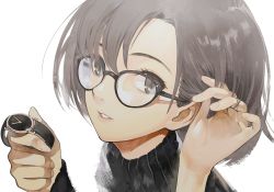 Rule 34 | 1girl, arms up, black-framed eyewear, black sweater, brown eyes, brown hair, commentary request, eyebrows, fingernails, glasses, hand in own hair, holding, long sleeves, original, parted bangs, portrait, ribbed sweater, solo, sweater, tokiti, turtleneck, watch, wristwatch