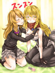 Rule 34 | 2girls, black footwear, black gloves, black jacket, black skirt, blonde hair, blue bow, blush, boots, bow, braid, breasts, cleavage, closed eyes, closed mouth, commentary request, cookie (touhou), feet out of frame, gloves, haiperion buzan, hair between eyes, hair bow, highres, jacket, kirisame marisa, long sleeves, looking to the side, mars (cookie), medium breasts, multiple girls, partially fingerless gloves, petticoat, pink bow, red scarf, rei (cookie), scarf, side braid, single braid, skirt, smile, touhou, translation request, yellow eyes
