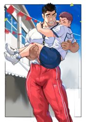 Rule 34 | 2boys, age difference, blush, building, bulge, child, closed eyes, flag, gym uniform, happy, highres, hug, injury, male focus, manly, multiple boys, muscular, muscular male, nervous, onii-shota, original, pants, pectorals, school uniform, shirt, shoes, short hair, shorts, smile, socks, sweatdrop, t-shirt, thick eyebrows, tight clothes, tofu (tofulabo), track pants, whistle, yaoi