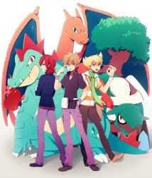 Rule 34 | 00s, 3boys, barry (pokemon), blonde hair, blue oak, charizard, creatures (company), crossed arms, dada, dada (dolce), dragon, feraligatr, flame-tipped tail, game freak, gen 1 pokemon, gen 2 pokemon, gen 4 pokemon, green scarf, hand in pocket, looking back, male focus, multiple boys, nintendo, open mouth, pokemon, pokemon (creature), pokemon dppt, pokemon frlg, pokemon hgss, red hair, scarf, silver (pokemon), silver (pokemon) (remake), striped, tongue, torterra, tree, wristband
