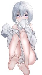 Rule 34 | 1girl, absurdres, barefoot, collared shirt, covered mouth, dress shirt, feet, gauze, grey hair, hair between eyes, hands up, highres, legs, long sleeves, looking at viewer, naked shirt, neku (neku draw), off shoulder, open clothes, open shirt, original, puffy long sleeves, puffy sleeves, purple eyes, shirt, short hair, simple background, sleeves past fingers, sleeves past wrists, soles, solo, white background, white shirt
