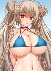 Rule 34 | 1girl, :&lt;, ahoge, arms behind back, asamura hiori, azur lane, bare shoulders, bikini, bikini top only, blonde hair, blue bikini, braid, breasts, cleavage, closed mouth, collarbone, commentary request, criss-cross halter, double bun, formidable (azur lane), formidable (the lady of the beach) (azur lane), hair bun, halterneck, highres, huge breasts, long hair, looking at viewer, navel, official alternate costume, red eyes, sidelocks, skindentation, solo, stomach, swimsuit