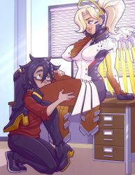 Rule 34 | 1boy, 1girl, black footwear, blizzard (company), blonde hair, blue eyes, blush, boots, brown pantyhose, desk, glowing, glowing wings, halo, hand on own cheek, hand on own face, highres, kissing thigh, leggings, legs, mechanical halo, mechanical wings, mercy (overwatch), office, overwatch, palearaptor, pantyhose, ponytail, sitting, skirt, thigh grab, thighs, wings