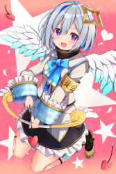 Rule 34 | 1girl, amane kanata, amane kanata (1st costume), angel wings, armband, blush, bob cut, bow, colored inner hair, commentary request, cupid, full body, hair ornament, halo, highres, hololive, looking at viewer, mi taro333, multicolored hair, open mouth, purple eyes, ribbon, school uniform, short hair, silver hair, single hair intake, solo, star halo, virtual youtuber, wings