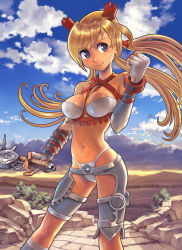 Rule 34 | 1girl, armor, artist request, ayumi (x-blades), bikini, blonde hair, blue eyes, blush, breasts, cleavage, cloud, collarbone, fingerless gloves, gloves, hair ornament, highres, holding, large breasts, long hair, looking at viewer, mountain, navel, panties, rock, sky, smile, solo, stomach tattoo, swimsuit, sword, tattoo, thong, twintails, underwear, weapon, white bikini, white gloves, x-blades