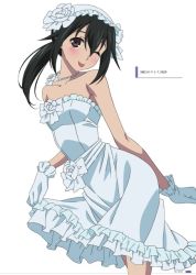 Rule 34 | 10s, 1girl, akatsuki nagisa, bare shoulders, black hair, breasts, brown eyes, collarbone, cowboy shot, dress, gloves, hair between eyes, jewelry, long hair, looking at viewer, necklace, one eye closed, ponytail, simple background, sleeveless, sleeveless dress, small breasts, solo, standing, strapless, strapless dress, strike the blood, tongue, tongue out, wedding dress, white background, white dress, white gloves