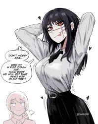 Rule 34 | 2girls, absurdres, arms behind head, belt, belt skirt, black hair, black ribbon, black skirt, blush, breasts, buttons, chainsaw man, collared shirt, dress shirt, english text, fourth east high school uniform, heart, highres, large breasts, long hair, long sleeves, looking at viewer, masoq, mitaka asa, multiple girls, neck ribbon, pleated skirt, red eyes, ribbon, ringed eyes, scar, school uniform, shirt, sidelocks, simple background, skirt, slang, speech bubble, tongue, tongue out, twintails, twitter username, upper body, white background, white shirt, yoru (chainsaw man)
