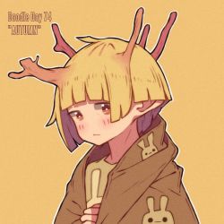 Rule 34 | 1girl, autumn, blonde hair, blunt bangs, blush, branch, english text, hanaan, horns, looking at viewer, no nose, orange eyes, original, outline, short hair, simple background, solo, white outline, yellow background