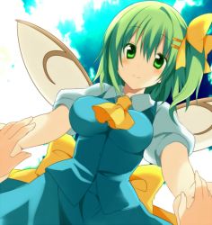Rule 34 | 1girl, bad id, bad pixiv id, blush, breasts, daiyousei, female focus, fujishiro emyu, green eyes, green hair, holding hands, long hair, looking at viewer, pov, side ponytail, skirt, skirt set, smile, solo focus, touhou, wings