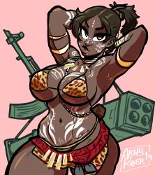 Rule 34 | 1girl, absurdres, adjusting hair, alchykiller, alternate costume, animal print, armlet, armpits, arms behind head, arms up, assault rifle, bikini, black hair, breasts, brown eyes, cleavage, curvy, dark-skinned female, dark skin, full-body tattoo, gun, hair pulled back, highres, huge weapon, jewelry, large breasts, leopard print, lips, looking at viewer, m202 flash, micro bikini, multiple-barrel firearm, multishot rocket launcher, navel, necklace, nose, resident evil, resident evil 5, rifle, rocket launcher, sheva alomar, solo, strap, swimsuit, tattoo, thick thighs, thighs, tribal, tribal tattoo, underboob, very dark skin, weapon, weapon on back