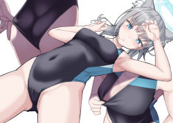 Rule 34 | 1girl, adjusting clothes, adjusting swimsuit, animal ear fluff, animal ears, armpits, arms up, ass, black one-piece swimsuit, blue archive, blue eyes, blush, breasts, bright pupils, collarbone, competition swimsuit, covered navel, downblouse, gluteal fold, grey hair, halo, hand up, highres, ichio, long hair, looking at viewer, medium breasts, mismatched pupils, multiple views, one-piece swimsuit, parted lips, shiroko (blue archive), shiroko (swimsuit) (blue archive), simple background, swimsuit, white background, wolf ears