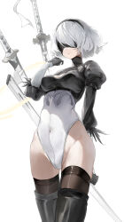 Rule 34 | 1girl, 2b (nier:automata), absurdres, berserker r, black blindfold, black gloves, black thighhighs, blindfold, boots, breasts, cleavage, cleavage cutout, clothing cutout, covered navel, curvy, feather-trimmed sleeves, gloves, highleg, highleg leotard, highres, juliet sleeves, katana, leotard, long sleeves, medium breasts, nier:automata, nier (series), puffy sleeves, revision, shiny skin, short hair, solo, sword, thigh boots, thighhighs, thighhighs under boots, thighs, virtuous contract, weapon, white background, white leotard, wide hips