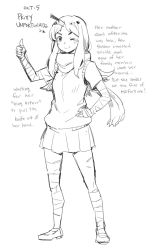 Rule 34 | 1girl, bandages, blush, bruise, cardigan, character name, character profile, english text, ge-b, greyscale, highres, injury, knife, knife in head, loafers, long hair, monochrome, object through head, one eye closed, original, pun, scar, scarf, school uniform, shoes, sketch, smile, solo, thumbs up