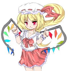 Rule 34 | 1girl, blonde hair, blouse, collared shirt, female focus, flandre scarlet, hat, mob cap, red eyes, shirt, simple background, solo, touhou, usa ooyake, usakou, white background, white hat, white shirt, white wrist cuffs, wrist cuffs