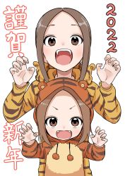 Rule 34 | 2022, 2girls, absurdres, animal costume, animal print, brown eyes, brown hair, child, chinese zodiac, claw pose, commentary request, fangs, highres, hood, hood down, hood up, inaba mifumi, karakai jouzu no (moto) takagi-san, karakai jouzu no takagi-san, long hair, long sleeves, looking at viewer, mother and daughter, multiple girls, nishikata chii, open mouth, simple background, smile, takagi-san, teeth, tiger costume, tiger print, upper body, upper teeth only, v-shaped eyebrows, white background, year of the tiger