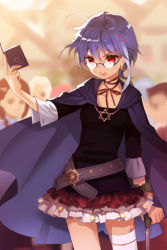 Rule 34 | 1girl, bandages, belt, blue hair, book, cane, cape, crutch, earrings, frills, glasses, hair ornament, hairclip, hexagram, jewelry, l red sun, lowres, open book, open mouth, red eyes, ribbon, short hair, skirt, solo, sword girls