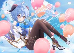 1girl absurdres amaneko_(amaneko_y) balloon black_gloves blue_hair bodystocking bouquet cloud cloudy_sky falling_petals floating flower full_body ganyu_(genshin_impact) genshin_impact gloves goat_horns happy_birthday high_heels highres holding holding_bouquet horns long_sleeves looking_at_viewer open_mouth petals sky smile white_footwear