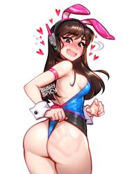 Rule 34 | 1girl, alternate costume, animal ears, artist name, ass, bare shoulders, blush, blushyspicy, breasts, brown eyes, brown hair, commentary, d.va (overwatch), embarrassed, english commentary, facepaint, facial mark, fake animal ears, from behind, headphones, highleg, highleg leotard, highres, huge ass, leotard, long hair, looking at viewer, looking back, medium breasts, open mouth, overwatch, playboy bunny, rabbit ears, slap mark, solo, spanked, strapless, strapless leotard, thong leotard, whisker markings, wrist cuffs