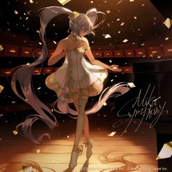 Rule 34 | 1girl, absurdres, bare arms, bare shoulders, breasts, closed mouth, commentary request, copyright notice, dress, grey eyes, grey hair, hair ornament, hatsune miku, highres, indoors, long hair, looking away, looking to the side, miku symphony (vocaloid), official art, saihate (d3), see-through, shoes, single thighhigh, small breasts, solo, standing, strapless, strapless dress, thighhighs, tiptoes, twintails, very long hair, vocaloid, watermark, white dress, white footwear, white thighhighs, wooden floor