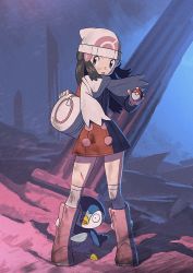Rule 34 | 1girl, bad id, bad twitter id, bag, beanie, black hair, boots, coat, commentary request, creatures (company), dawn (pokemon), dirty, duffel bag, eyelashes, floating hair, game freak, gen 4 pokemon, grey eyes, grey thighhighs, hair ornament, hairclip, hat, highres, holding, holding poke ball, long hair, long sleeves, nintendo, open mouth, over-kneehighs, pillar, pink footwear, piplup, poke ball, poke ball (basic), pokemon, pokemon (creature), pokemon dppt, pokemon platinum, red coat, scarf, sidelocks, standing, thighhighs, view between legs, white headwear, white scarf, yoshi (moco1)
