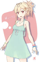 Rule 34 | 10s, 1girl, alternate costume, alternate hairstyle, anchor necklace, bare shoulders, blonde hair, blush, braid, breasts, cleavage, dan (kumadan), dress, hair ornament, hair ribbon, hair up, hairclip, halterneck, jewelry, kantai collection, looking at viewer, necklace, red eyes, ribbon, see-through silhouette, small breasts, smile, solo, yuudachi (kancolle), yuudachi kai ni (kancolle)