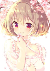 Rule 34 | 1girl, absurdres, branch, breasts, cherry blossoms, closed mouth, collarbone, commentary request, flower, hair between eyes, hair intakes, halterneck, hand up, hands up, highres, holding, holding flower, ikari (aor3507), light brown hair, long sleeves, original, petals, pink flower, puffy long sleeves, puffy sleeves, red eyes, see-through, see-through sleeves, shirt, short hair, small breasts, smile, solo, upper body, white shirt