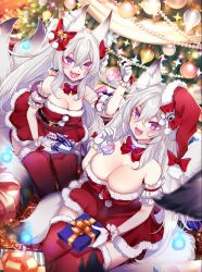 Rule 34 | 2girls, animal ears, blush, box, breasts, character request, christmas, christmas ornaments, christmas tree, facial mark, fang, gift, gift box, gloves, hat, highres, kneeling, large breasts, multiple girls, open mouth, purple eyes, red thighhighs, skirt, small breasts, smile, srinitybeast, thighhighs, virtual youtuber, white hair, wrist cuffs
