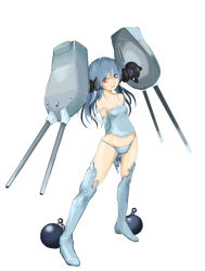 Rule 34 | 1girl, arms behind back, ball and chain restraint, bare shoulders, battleship, blue hair, gun, hms royal sovereign, long hair, mecha musume, military, military vehicle, nano (nanosize), original, panties, personification, ship, simple background, solo, strap slip, string panties, turret, underwear, warship, watercraft, weapon, white background