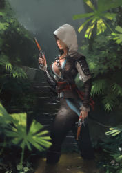 Rule 34 | 1girl, assassin&#039;s creed, assassin&#039;s creed (series), assassin&#039;s creed iv: black flag, bad id, bad pixiv id, belt, blue eyes, breasts, cleavage, edward kenway, genderswap, genderswap (mtf), gun, handgun, highres, hood, jn3, jungle, looking at viewer, nature, open clothes, pistol, solo, stairs, wading, water, weapon