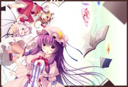 Rule 34 | 3girls, ascot, ass, bat wings, blonde hair, blouse, blush, book, border, breasts, capelet, cleavage, crescent, crescent pin, dress, flandre scarlet, hair ribbon, hat, light purple hair, long hair, looking at viewer, mob cap, multiple girls, neck ribbon, open mouth, outstretched hand, pajamas, panties, pantyshot, patchouli knowledge, purple eyes, purple hair, red eyes, remilia scarlet, ribbon, shirt, shoes, short hair, side ponytail, sidelocks, skirt, skirt set, socks, striped clothes, striped dress, touhou, tress ribbon, underwear, usume shirou, vest, white panties, wings