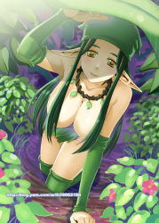 Rule 34 | 1girl, all fours, bandana, bent over, blush, detached sleeves, flower, ge xi, green hair, green thighhighs, hair censor, jewelry, leaf, long hair, long pointy ears, necklace, original, pointy ears, smile, thighhighs, watermark, web address, yellow eyes