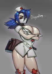Rule 34 | 1girl, arms under breasts, bathsalts, blue hair, breasts, choker, cleavage, crossover, disgust, grey background, hair over one eye, half-closed eyes, hat, highres, large breasts, leg wrap, looking at viewer, looking down, mask, mouth mask, nurse cap, ponytail, pouch, red eyes, skullgirls, solo, surgical mask, valentine (skullgirls)