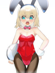 Rule 34 | 1girl, absurdres, alternate costume, animal ears, black pantyhose, blaze (blazeillust), blonde hair, blue eyes, blush, bob cut, bow, bowtie, breasts, collar, commentary request, cowboy shot, detached collar, fake animal ears, frown, girls und panzer, highres, holding, holding tray, katyusha (girls und panzer), leotard, looking at viewer, open mouth, pantyhose, playboy bunny, rabbit ears, red bow, red leotard, short hair, simple background, small breasts, solo, standing, strapless, strapless leotard, thigh gap, tray, white background, white collar, wing collar