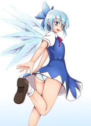 Rule 34 | 1girl, :d, ass, blue eyes, blue hair, blush, bow, cirno, dress, from behind, hair bow, highres, ice, ice wings, large bow, loafers, looking at viewer, matching hair/eyes, open mouth, orizen, panties, pantyshot, shoes, short hair, smile, solo, standing, standing on one leg, touhou, underwear, wings