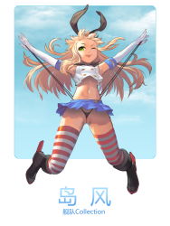 Rule 34 | 10s, 1girl, ;p, absurdres, black panties, blonde hair, cloud, crop top, crop top overhang, day, elbow gloves, gloves, green eyes, hairband, highleg, highleg panties, highres, jumping, kantai collection, long hair, microskirt, midriff, navel, one eye closed, outstretched arms, panties, panty lift, partially visible vulva, sailor collar, self wedgie, shimakaze (kancolle), skirt, sky, solo, striped clothes, striped thighhighs, thighhighs, tongue, tongue out, underwear, wedgie, zhangyushao